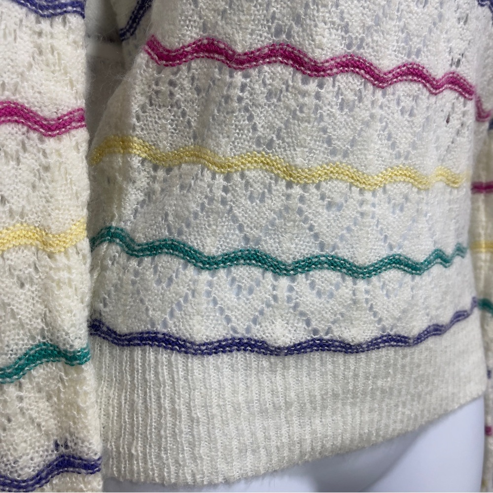 Vintage M.Rena White Rainbow Striped Breathable Mohair Blend Crew Neck Sweater S - Picture 2 of 5